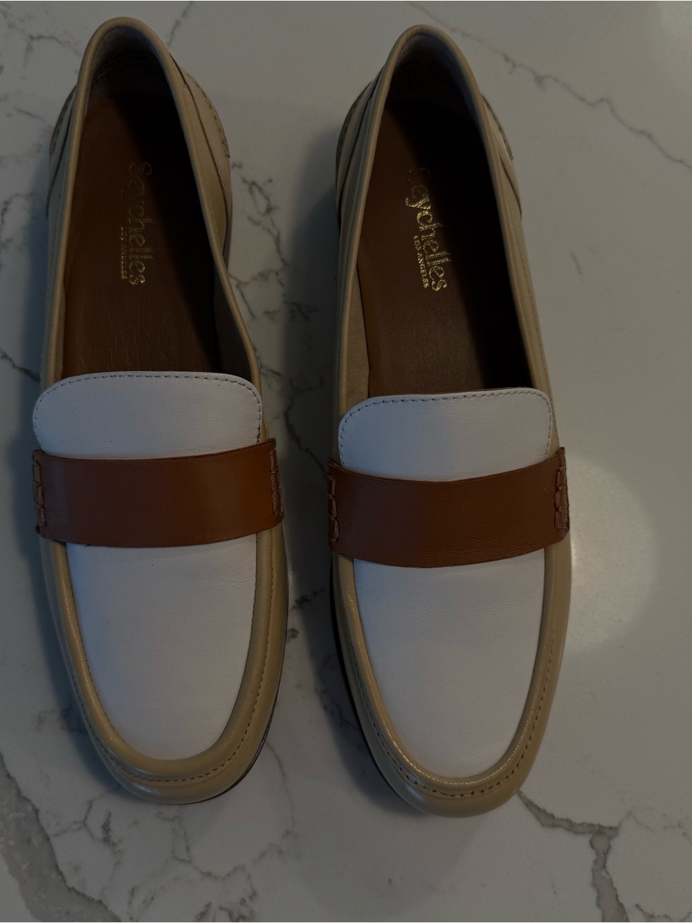 Seychelles Two-Tone White, Tan & Brown Leather Penny Loafers